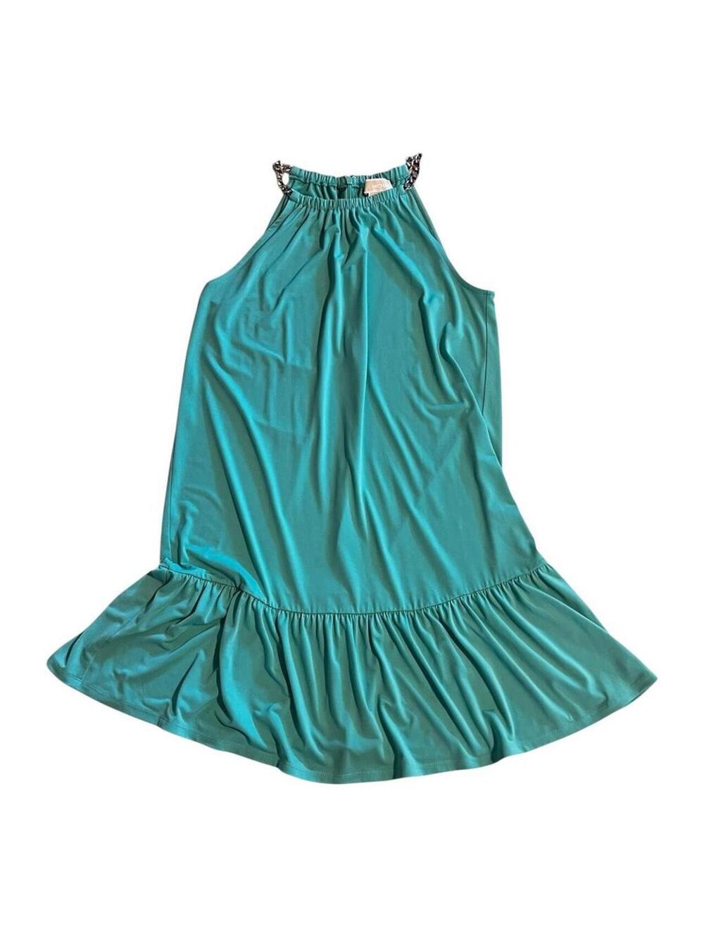 Ruffle hem halter dress with silver chain accent at neckline by Michael Kors.